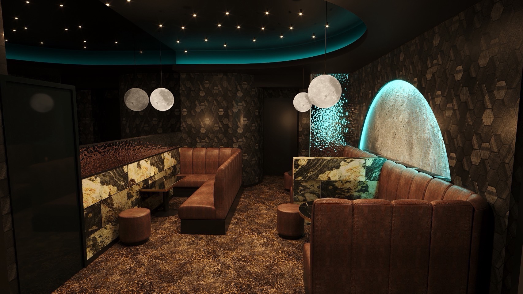 Hexagonal walls, caramel velvet booths, starlit ceiling