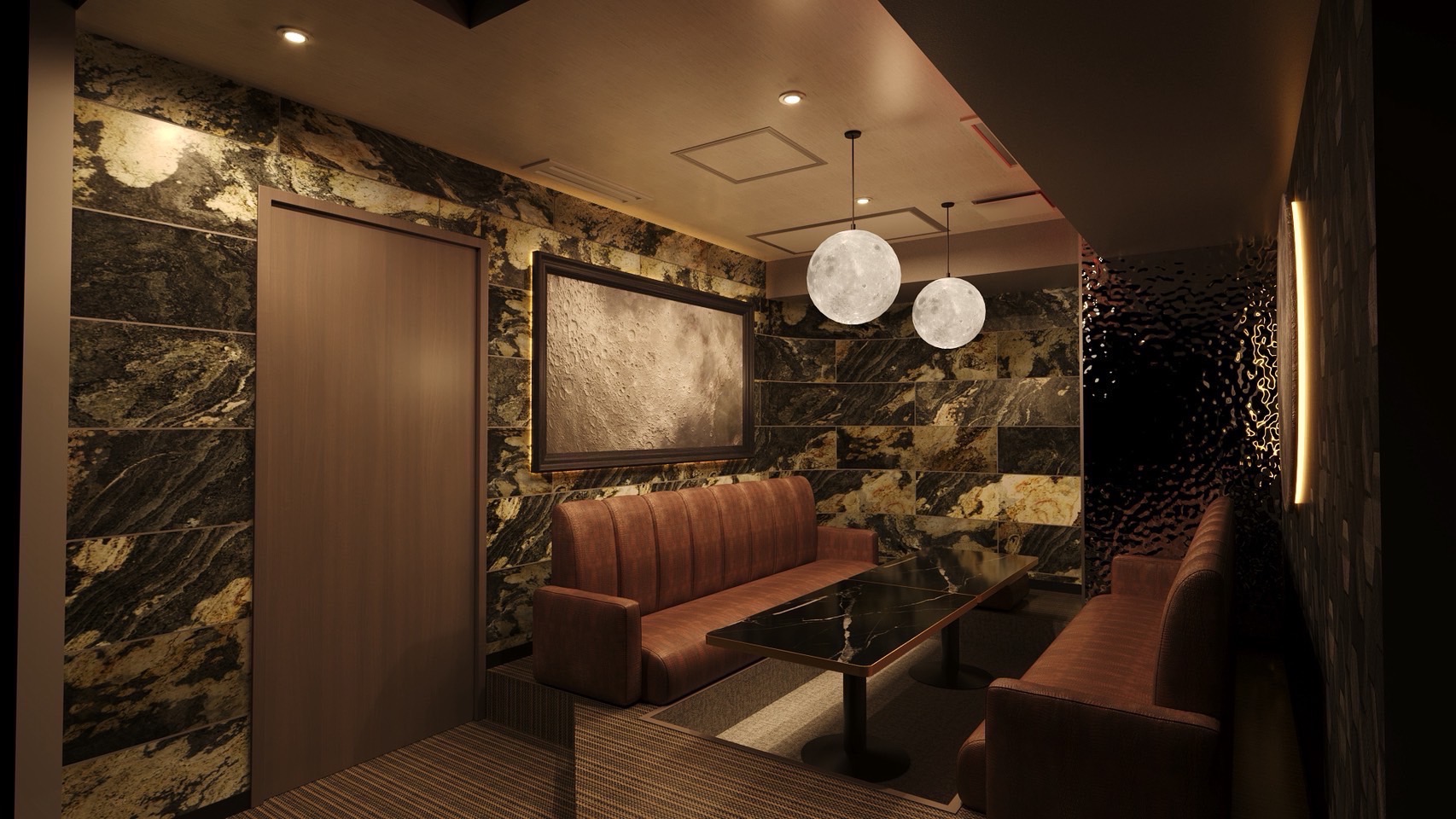 VIP suite with marble wall and framed moon artwork
